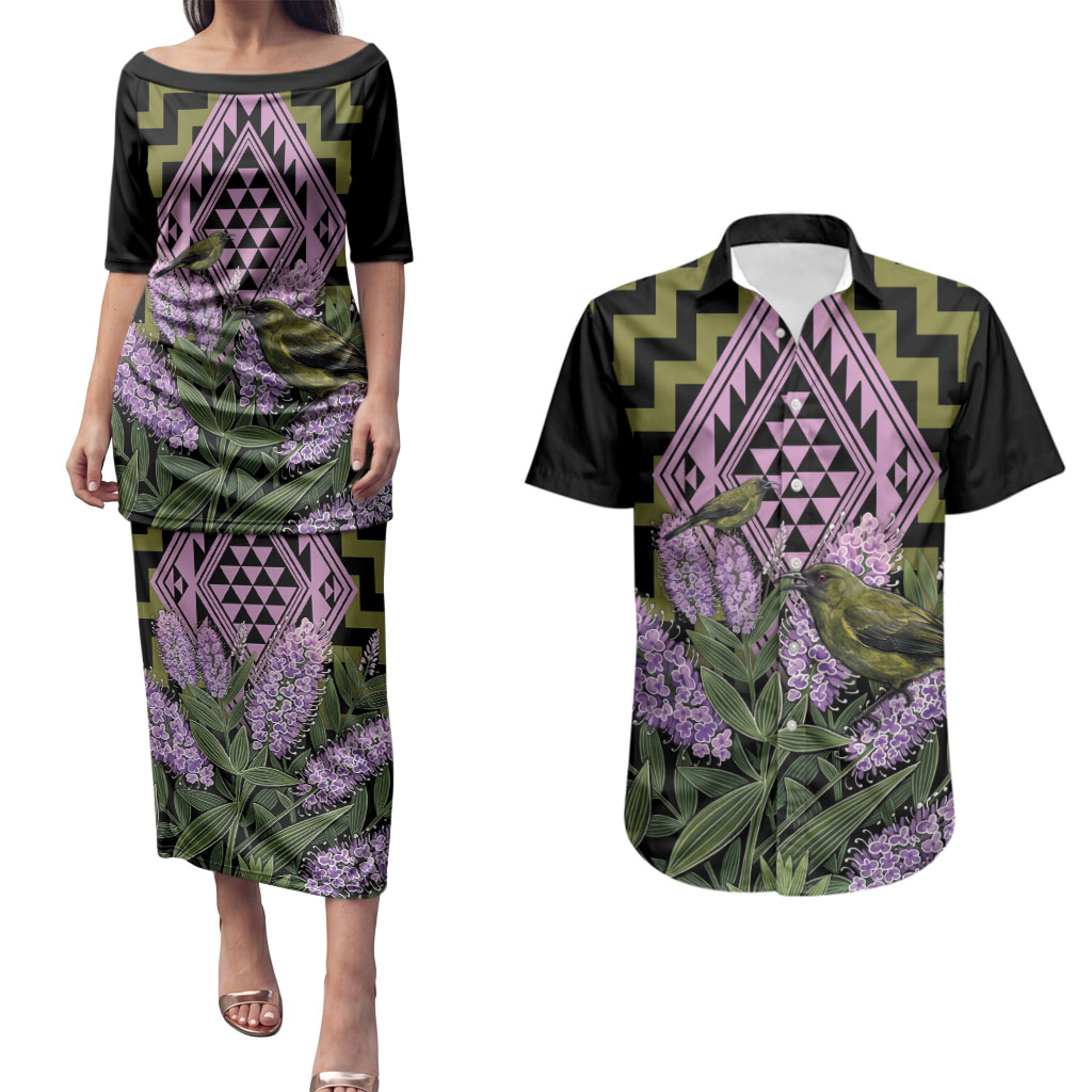 Rongoa Maori New Zealand Koromiko Couples Matching Puletasi and Hawaiian Shirt NZ Hebe Korimako Bellbird Poutama