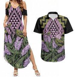 Rongoa Maori New Zealand Koromiko Couples Matching Summer Maxi Dress and Hawaiian Shirt NZ Hebe Korimako Bellbird Poutama