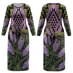 Rongoa Maori New Zealand Koromiko Couples Matching Long Sleeve Bodycon Dress and Hawaiian Shirt NZ Hebe Korimako Bellbird Poutama