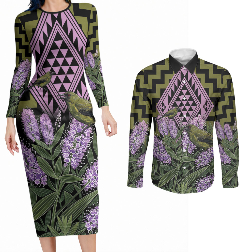 Rongoa Maori New Zealand Koromiko Couples Matching Long Sleeve Bodycon Dress and Long Sleeve Button Shirt NZ Hebe Korimako Bellbird Poutama