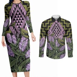 Rongoa Maori New Zealand Koromiko Couples Matching Long Sleeve Bodycon Dress and Long Sleeve Button Shirt NZ Hebe Korimako Bellbird Poutama