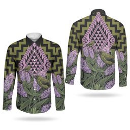Rongoa Maori New Zealand Koromiko Couples Matching Off The Shoulder Long Sleeve Dress and Long Sleeve Button Shirt NZ Hebe Korimako Bellbird Poutama