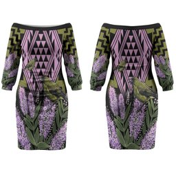 Rongoa Maori New Zealand Koromiko Couples Matching Off The Shoulder Long Sleeve Dress and Long Sleeve Button Shirt NZ Hebe Korimako Bellbird Poutama