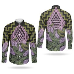 Rongoa Maori New Zealand Koromiko Couples Matching Long Sleeve Bodycon Dress and Long Sleeve Button Shirt NZ Hebe Korimako Bellbird Poutama