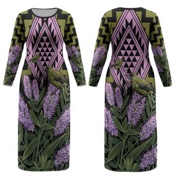 Rongoa Maori New Zealand Koromiko Couples Matching Long Sleeve Bodycon Dress and Long Sleeve Button Shirt NZ Hebe Korimako Bellbird Poutama