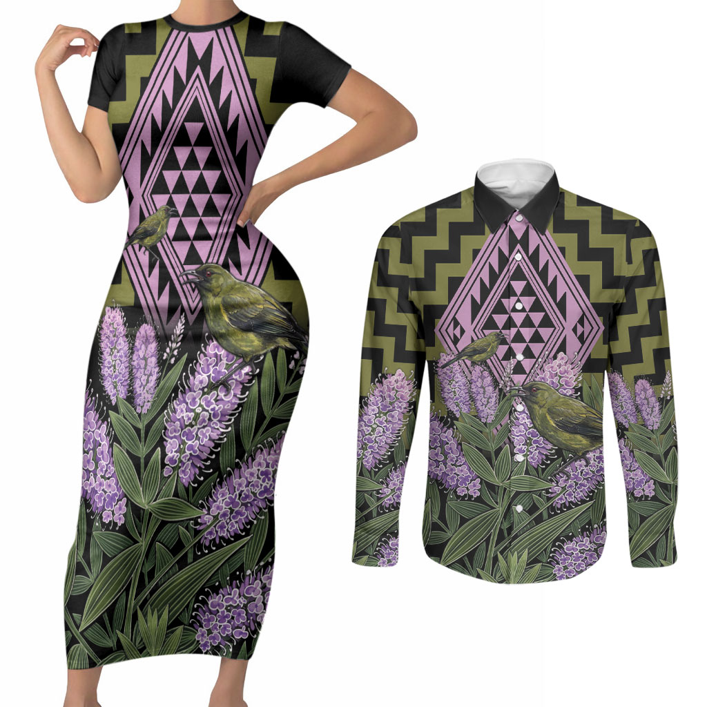Rongoa Maori New Zealand Koromiko Couples Matching Short Sleeve Bodycon Dress and Long Sleeve Button Shirt NZ Hebe Korimako Bellbird Poutama