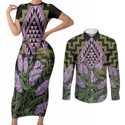Rongoa Maori New Zealand Koromiko Couples Matching Short Sleeve Bodycon Dress and Long Sleeve Button Shirt NZ Hebe Korimako Bellbird Poutama