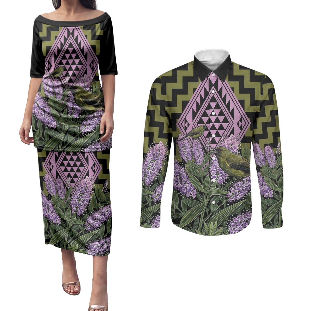 Rongoa Maori New Zealand Koromiko Couples Matching Puletasi and Long Sleeve Button Shirt NZ Hebe Korimako Bellbird Poutama