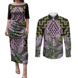 Rongoa Maori New Zealand Koromiko Couples Matching Puletasi and Long Sleeve Button Shirt NZ Hebe Korimako Bellbird Poutama