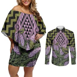 Rongoa Maori New Zealand Koromiko Couples Matching Off Shoulder Short Dress and Long Sleeve Button Shirt NZ Hebe Korimako Bellbird Poutama
