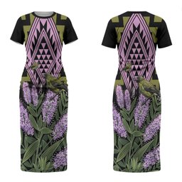 Rongoa Maori New Zealand Koromiko Couples Matching Short Sleeve Bodycon Dress and Long Sleeve Button Shirt NZ Hebe Korimako Bellbird Poutama