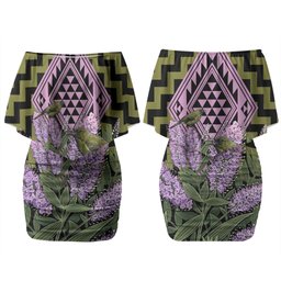 Rongoa Maori New Zealand Koromiko Couples Matching Off Shoulder Short Dress and Long Sleeve Button Shirt NZ Hebe Korimako Bellbird Poutama