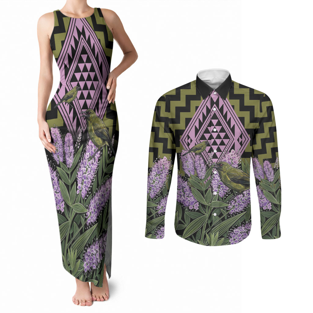 Rongoa Maori New Zealand Koromiko Couples Matching Tank Maxi Dress and Long Sleeve Button Shirt NZ Hebe Korimako Bellbird Poutama