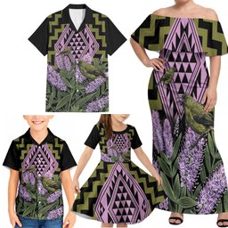 Rongoa Maori New Zealand Koromiko Family Matching Off Shoulder Maxi Dress and Hawaiian Shirt NZ Hebe Korimako Bellbird Poutama