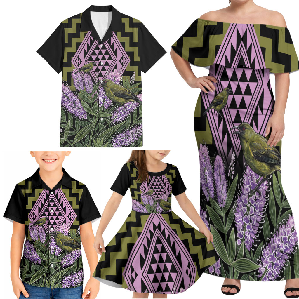 Rongoa Maori New Zealand Koromiko Family Matching Off Shoulder Maxi Dress and Hawaiian Shirt NZ Hebe Korimako Bellbird Poutama