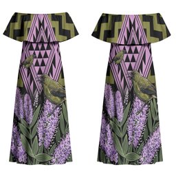 Rongoa Maori New Zealand Koromiko Family Matching Off Shoulder Maxi Dress and Hawaiian Shirt NZ Hebe Korimako Bellbird Poutama