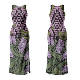Rongoa Maori New Zealand Koromiko Couples Matching Tank Maxi Dress and Long Sleeve Button Shirt NZ Hebe Korimako Bellbird Poutama