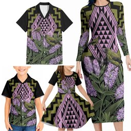 Rongoa Maori New Zealand Koromiko Family Matching Long Sleeve Bodycon Dress and Hawaiian Shirt NZ Hebe Korimako Bellbird Poutama