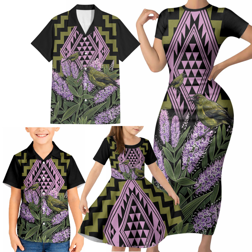 Rongoa Maori New Zealand Koromiko Family Matching Short Sleeve Bodycon Dress and Hawaiian Shirt NZ Hebe Korimako Bellbird Poutama