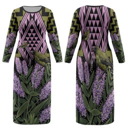 Rongoa Maori New Zealand Koromiko Family Matching Long Sleeve Bodycon Dress and Hawaiian Shirt NZ Hebe Korimako Bellbird Poutama