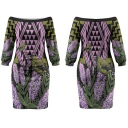 Rongoa Maori New Zealand Koromiko Family Matching Off The Shoulder Long Sleeve Dress and Hawaiian Shirt NZ Hebe Korimako Bellbird Poutama