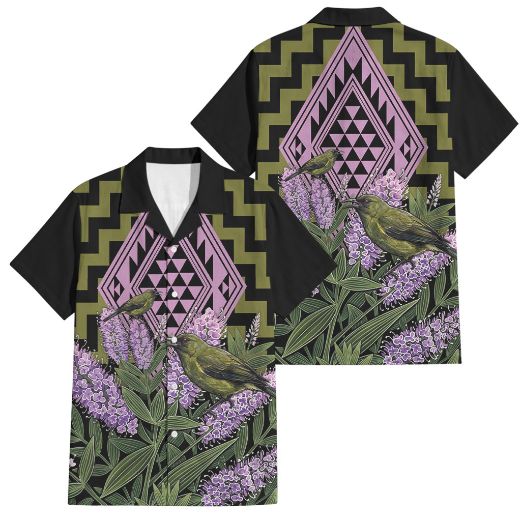Rongoa Maori New Zealand Koromiko Family Matching Off The Shoulder Long Sleeve Dress and Hawaiian Shirt NZ Hebe Korimako Bellbird Poutama