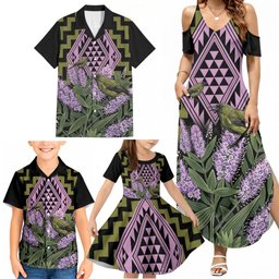 Rongoa Maori New Zealand Koromiko Family Matching Summer Maxi Dress and Hawaiian Shirt NZ Hebe Korimako Bellbird Poutama