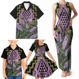 Rongoa Maori New Zealand Koromiko Family Matching Tank Maxi Dress and Hawaiian Shirt NZ Hebe Korimako Bellbird Poutama