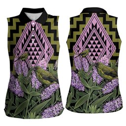 Rongoa Maori New Zealand Koromiko Women Sleeveless Polo Shirt NZ Hebe Korimako Bellbird Poutama