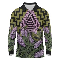Rongoa Maori New Zealand Koromiko Long Sleeve Polo Shirt NZ Hebe Korimako Bellbird Poutama