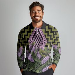 Rongoa Maori New Zealand Koromiko Long Sleeve Polo Shirt NZ Hebe Korimako Bellbird Poutama
