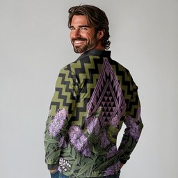 Rongoa Maori New Zealand Koromiko Long Sleeve Polo Shirt NZ Hebe Korimako Bellbird Poutama