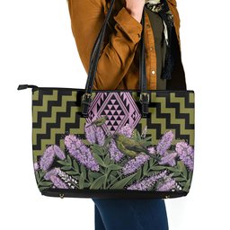 Rongoa Maori New Zealand Koromiko Leather Tote Bag NZ Hebe Korimako Bellbird Poutama