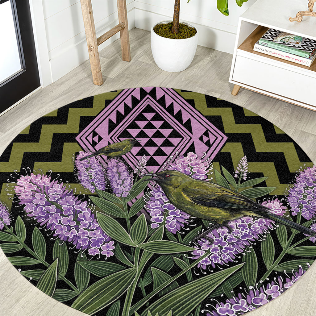Rongoa Maori New Zealand Koromiko Round Carpet NZ Hebe Korimako Bellbird Poutama