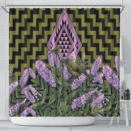 Rongoa Maori New Zealand Koromiko Shower Curtain NZ Hebe Korimako Bellbird Poutama