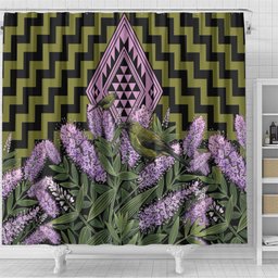 Rongoa Maori New Zealand Koromiko Shower Curtain NZ Hebe Korimako Bellbird Poutama