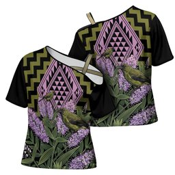 Rongoa Maori New Zealand Koromiko Cross Shoulder Shirt NZ Hebe Korimako Bellbird Poutama