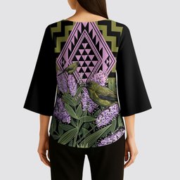 Rongoa Maori New Zealand Koromiko Kimono Sleeve Blouse NZ Hebe Korimako Bellbird Poutama