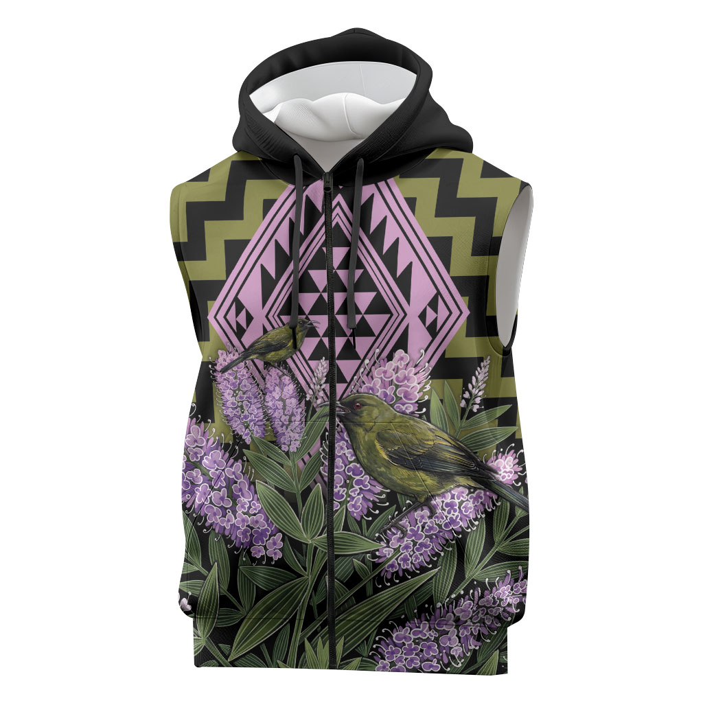 Rongoa Maori New Zealand Koromiko Sleeveless Zip Hoodie NZ Hebe Korimako Bellbird Poutama