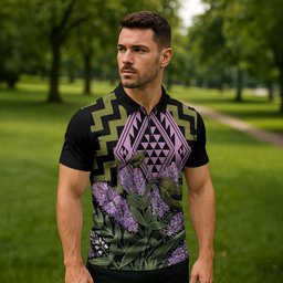 Rongoa Maori New Zealand Koromiko Zipper Polo Shirt NZ Hebe Korimako Bellbird Poutama