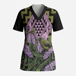 Rongoa Maori New Zealand Koromiko Scrub Top NZ Hebe Korimako Bellbird Poutama