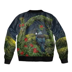 Rongoa Maori New Zealand Rata Bomber Jacket NZ Tui Bird Forest Vibes