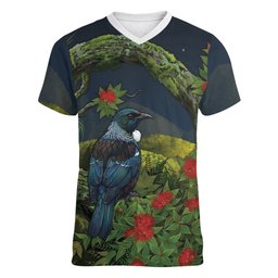 Rongoa Maori New Zealand Rata Women V-Neck T-Shirt NZ Tui Bird Forest Vibes