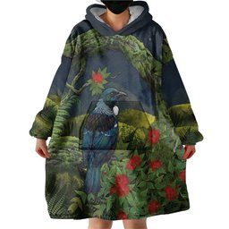 Rongoa Maori New Zealand Rata Wearable Blanket Hoodie NZ Tui Bird Forest Vibes