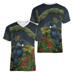 Rongoa Maori New Zealand Rata Women V-Neck T-Shirt NZ Tui Bird Forest Vibes