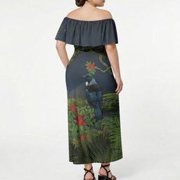 Rongoa Maori New Zealand Rata Off Shoulder Maxi Dress NZ Tui Bird Forest Vibes