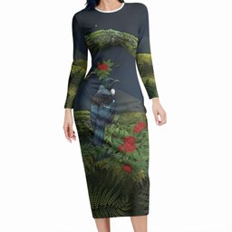 Rongoa Maori New Zealand Rata Long Sleeve Bodycon Dress NZ Tui Bird Forest Vibes