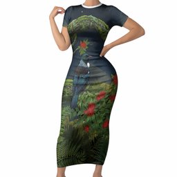 Rongoa Maori New Zealand Rata Short Sleeve Bodycon Dress NZ Tui Bird Forest Vibes