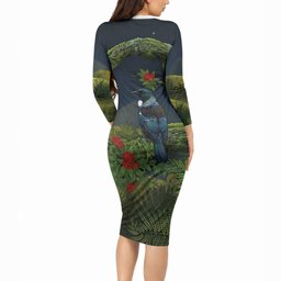 Rongoa Maori New Zealand Rata Long Sleeve Bodycon Dress NZ Tui Bird Forest Vibes