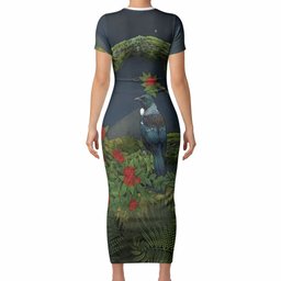 Rongoa Maori New Zealand Rata Short Sleeve Bodycon Dress NZ Tui Bird Forest Vibes